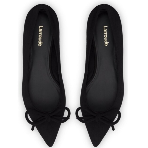 NEW Larroudé Lee Flats Black Suede Bow Pointed Slip Ons - Picture 1 of 7